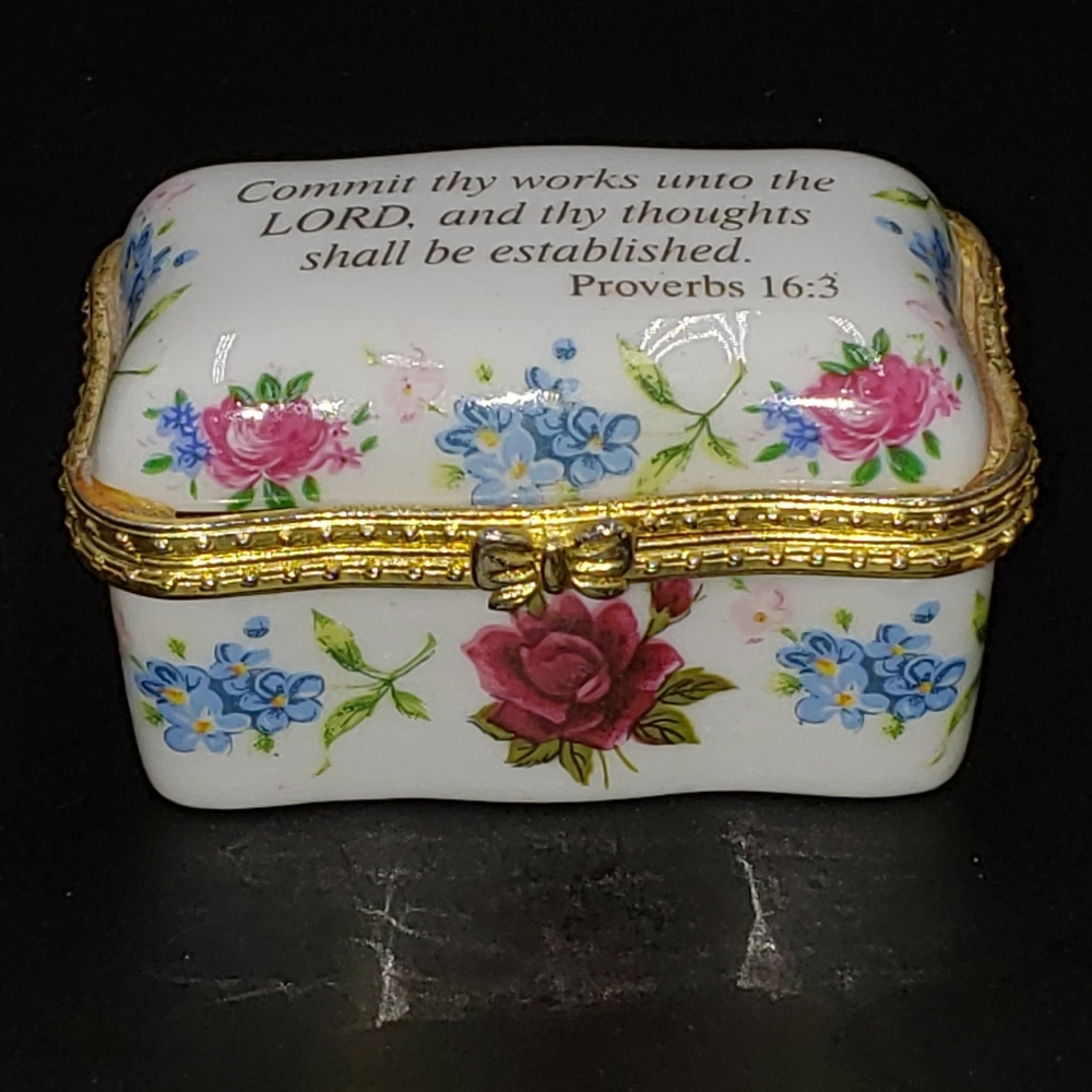 Imperial Porcelain Proverbs 16:3 Trinket Box EUC